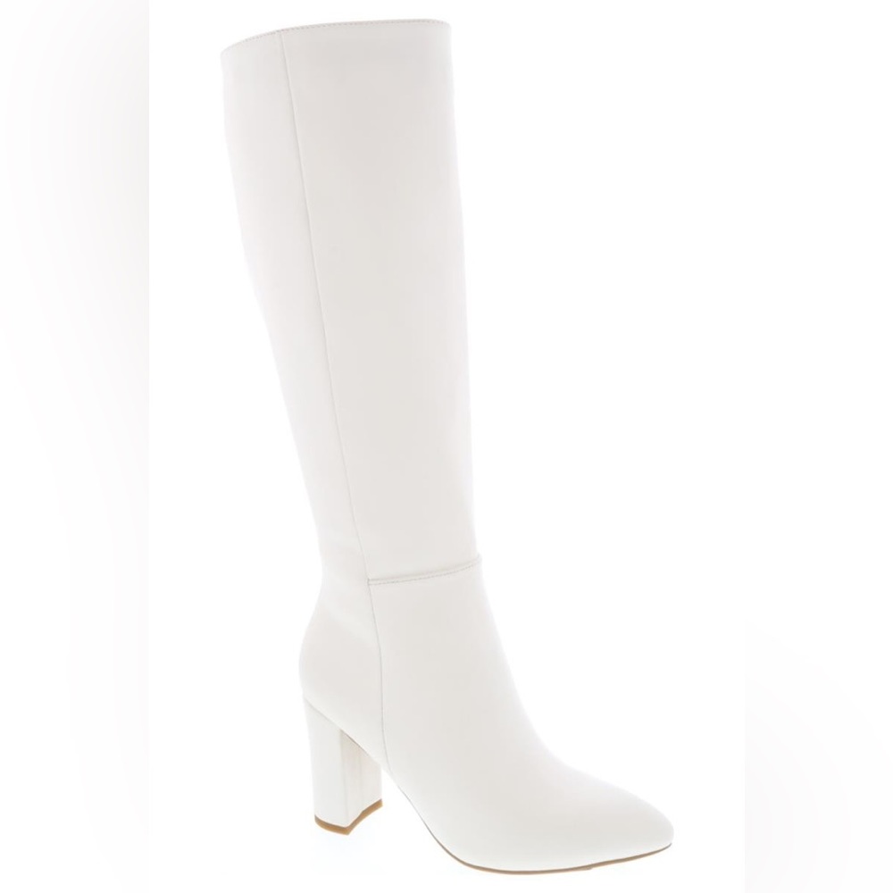 NWT!! KNEE HIGH POINTED TOE WHITE PU MID HEEL BOOT - Picture 2 of 4